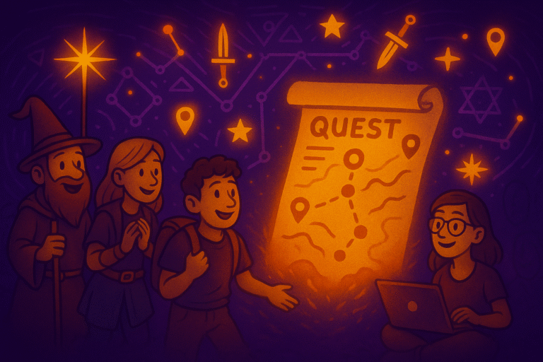 A whimsical fantasy-style digital illustration showing four small adventurers standing together at the edge of a glowing portal, surrounded by magical symbols and a mysterious, dreamlike landscape.